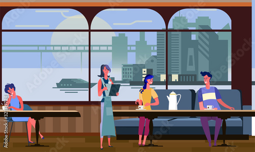 People drinking tea in port cafe. River, waitress, coffee shop flat vector illustration. Restaurant business, cruise, ship concept for banner, website design or landing web page
