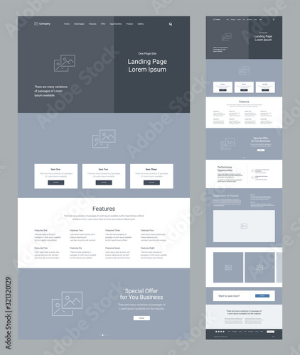 Landing page wireframe design for business. One page website layout template. Modern responsive design. Ux ui website: features, special offers, opportunities, product, call to action, gallery.