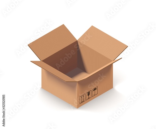 Empty open cardboard box isolated on white isometric vector illustration