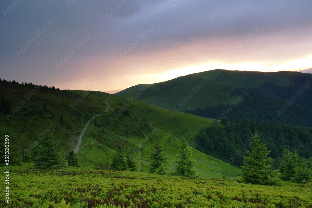 Europe moutains view, picturesque evening summer sunset landscape on meadow on slope of mountain on background of valley and wonderful sunset dramatic sky, scenic nature scene, Carpathians, Ukraine