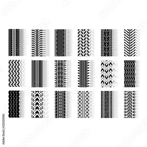 Tire tread drop shadow black glyph icons set. Detailed automobile, motorcycle, bike tyre marks. Car summer and winter wheel trace. Vehicle tire trail. Isolated vector illustrations on white space
