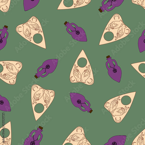Seamless pattern with witch object Mystical illustration .Vector card on color background Magical art Ouija board object and bottle for potion for print, decor