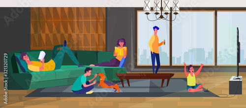 Family enjoying leisure in living room. Parent, kids, pets, couch, reading, TV flat vector illustration. Weekend, recreation, family time concept for banner, website design or landing web page