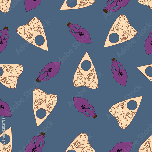 Seamless pattern with witch object Mystical illustration .Vector card on color background Magical art Ouija board object and bottle for potion