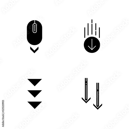 Scrolling down black glyph icons set on white space. Computer mouse and arrowheads in circles buttons. Moving arrows. Way direction. Silhouette symbols. Vector isolated illustration