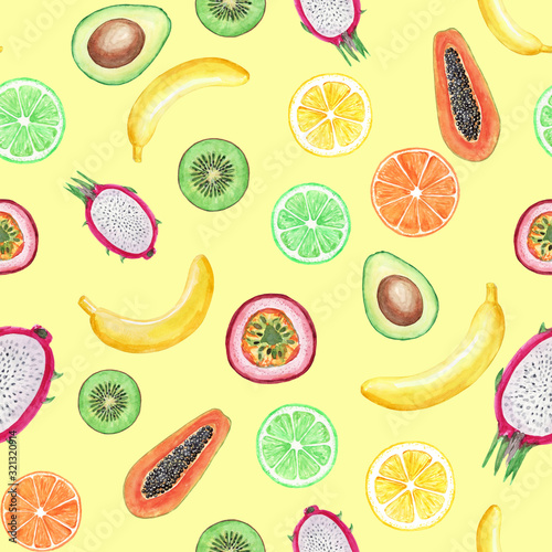 Fototapeta Naklejka Na Ścianę i Meble -  Seamless pattern with yellow bananas, passion fruit, papaya, lemon, kiwi, pitahaya and lime. Cute watercolor fruits. Bright illustration of summer fruits for fabric and decor.