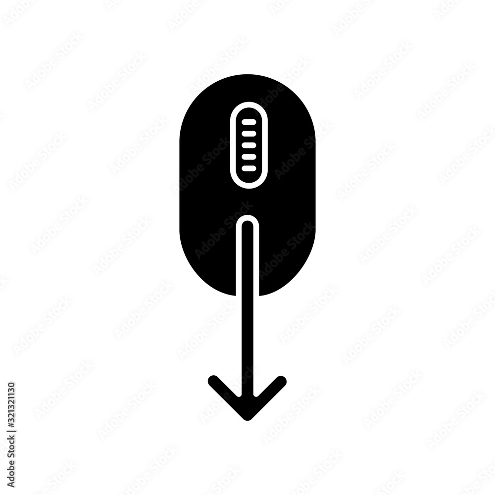 Mouse and down arrow black glyph icon. Web page scrolling down indicator. Cursor direction. Website pointer, app interface button. Silhouette symbol on white space. Vector isolated illustration Mouse and down arrow black glyph icon. Web page scrolling down indicator. Cursor direction. Website pointer, app interface button. Silhouette symbol on white space. Vector isolated illustration