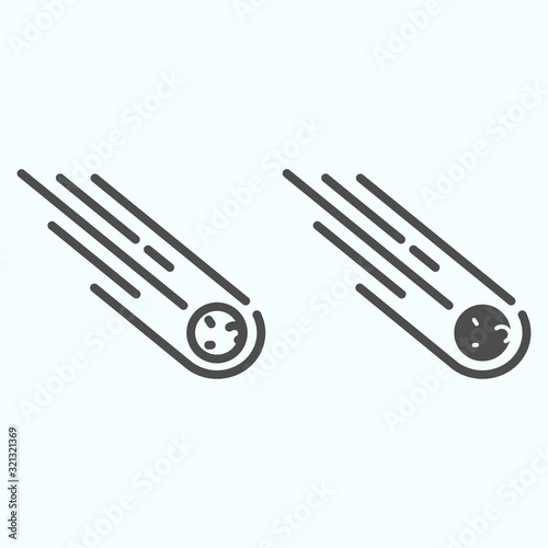 Asteroid line and solid icon. Falling meteorite with flame. Outer space design concept, outline style pictogram on white background, use for web and app. Eps 10.