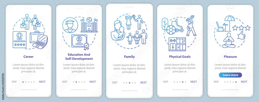 Self-development onboarding mobile app page screen with concepts ...