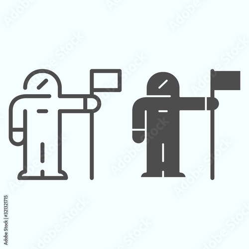 Cosmonaut colonization line and solid icon. Astronaut in suit with flag. Space exploration design concept, outline style pictogram on white background, use for web and app. Eps 10.