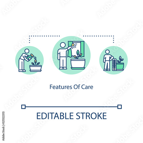 Features of care concept icon. Growing houseplants. Providing favorable conditions for plants. Indoor gardening idea thin line illustration. Vector isolated outline RGB color drawing. Editable stroke