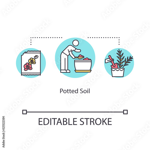 Potted soil concept icon. Planting preparation stage. Fluffing, plowing ground. Flower seeds. Houseplant care idea thin line illustration. Vector isolated outline RGB color drawing. Editable stroke