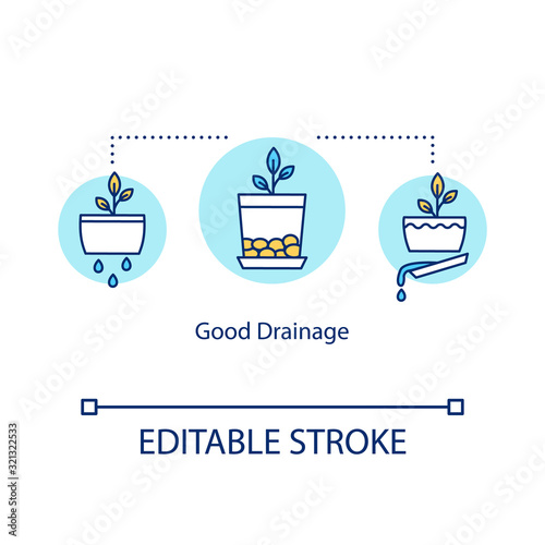 Good drainage concept icon. Indoor gardening. Plant cultivation. Eliminating standing water. Draining pots idea thin line illustration. Vector isolated outline RGB color drawing. Editable stroke