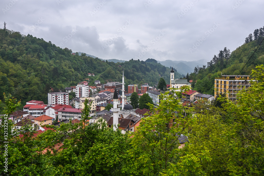 View of the valley with the town of Srebrenica, Bosnia and Herzegovina