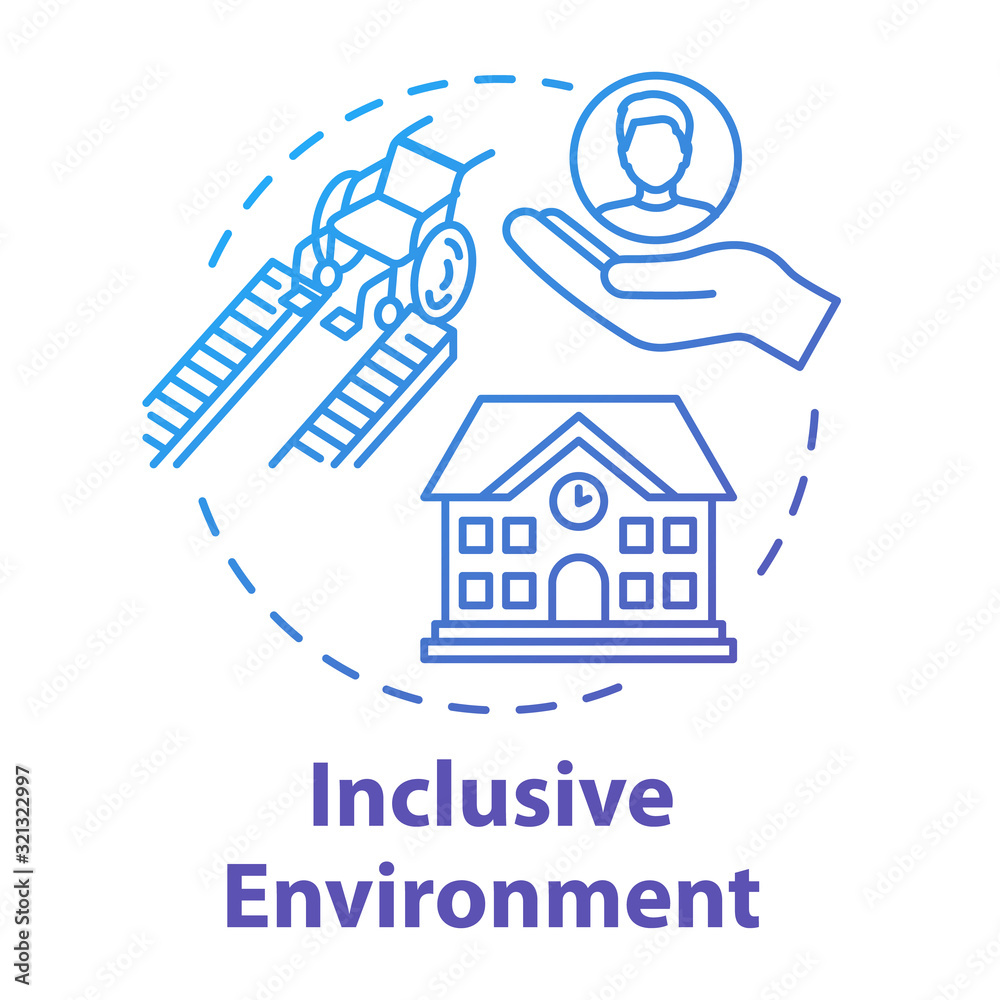 Inclusive environment concept icon. Rehabilitation for students with special needs. Aid for disabled people idea thin line illustration. Vector isolated outline RGB color drawing. Editable stroke