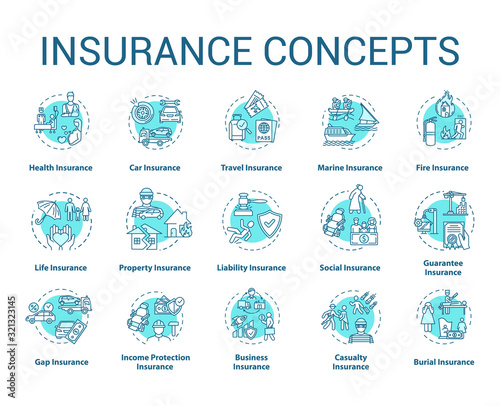 Insurance concept icons set. Protection from financial loss. Social coverage. Risk management idea thin line RGB color illustrations. Vector isolated outline drawings. Editable stroke