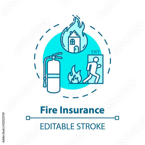 Fire insurance concept icon. Risk management. Flame destruction for real estate. House damage coverage idea thin line illustration. Vector isolated outline RGB color drawing. Editable stroke