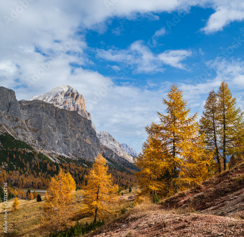 Sunny colorful autumn alpine Dolomites mountain scene, Sudtirol, Italy. Peaceful view from Falzarego Path.