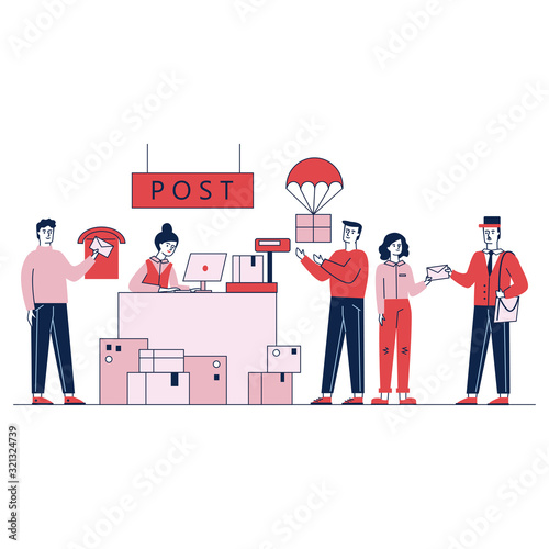 Customers receiving and sending packages in shipping and delivery department vector illustration. Mail service worker receiving parcels and mails for delivery. Postman giving mail to woman.