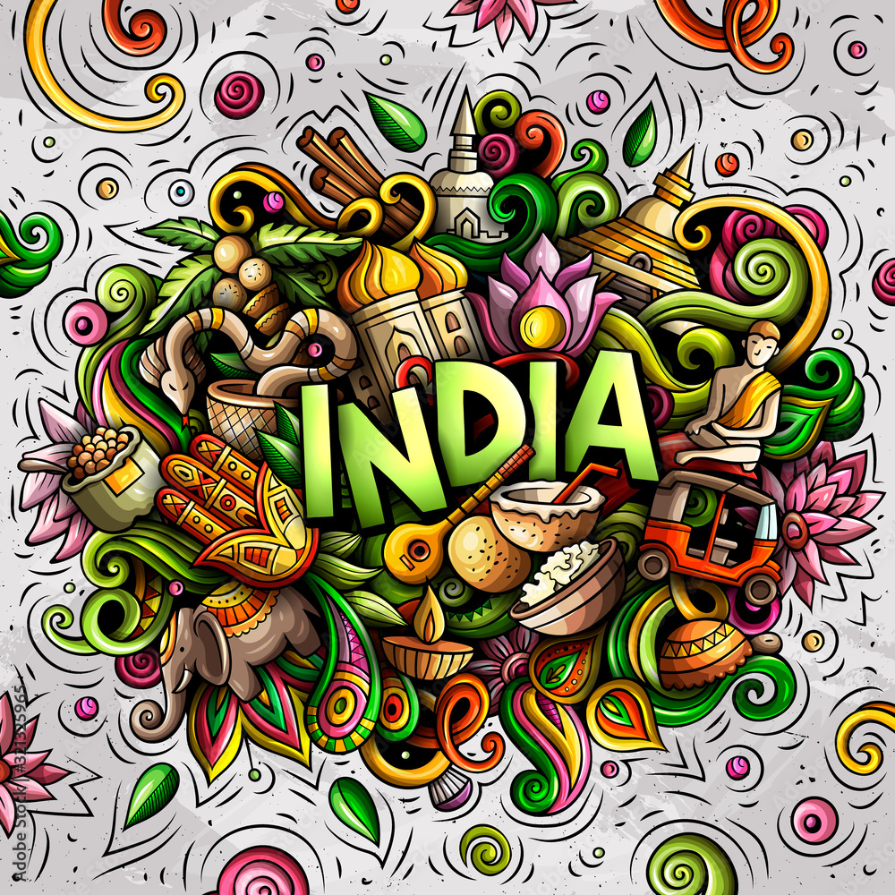 India hand drawn cartoon doodles illustration. Funny design.
