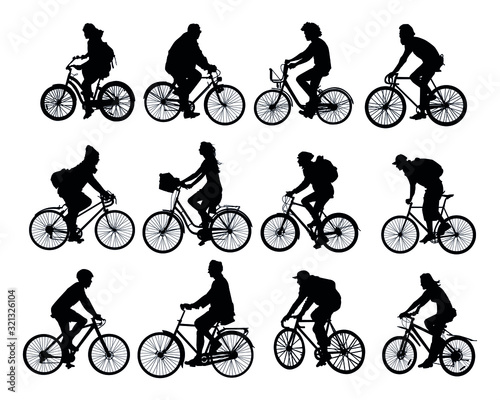 cyclists set of black silhouettes on a white background
