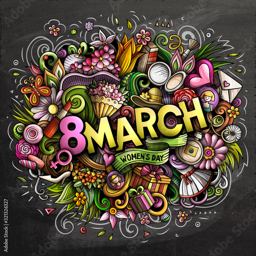 8 March hand drawn cartoon doodles illustration. Funny holiday design.