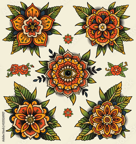 Traditional decorative tattoo flowers. Set of isolated vector illustrations.