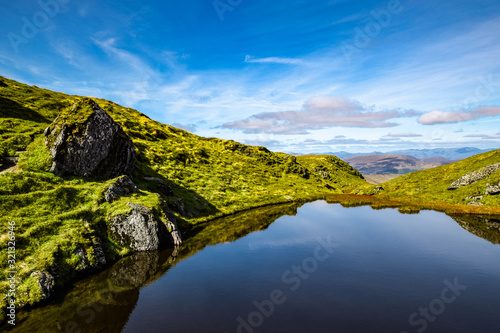 Blue sky reflecting in a little pond near the peak of Meall nan Tarmachan. Perthshire, Scotland.