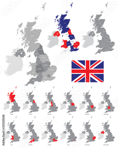 Detailed vector map of the regions of the British Isles, in the color of the British flag