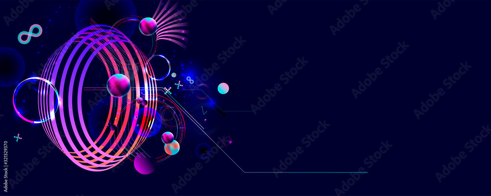 Obraz premium Blue 3d futuristic neon space background with planets and geometric elements. Abstraction