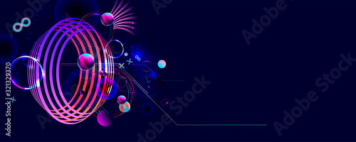 Blue 3d futuristic neon space background with planets and geometric elements. Abstraction