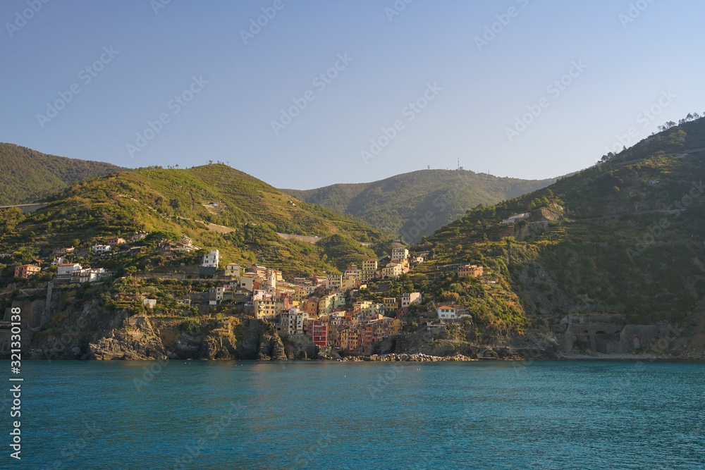 Riomaggiore in the Cinque Terre National park seen from the sea