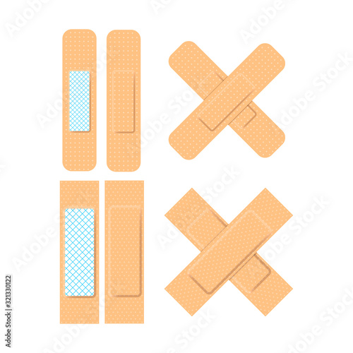 A set of adhesives. Treatment sites for closing small wounds and corns. Adhesive plasters are glued crosswise.