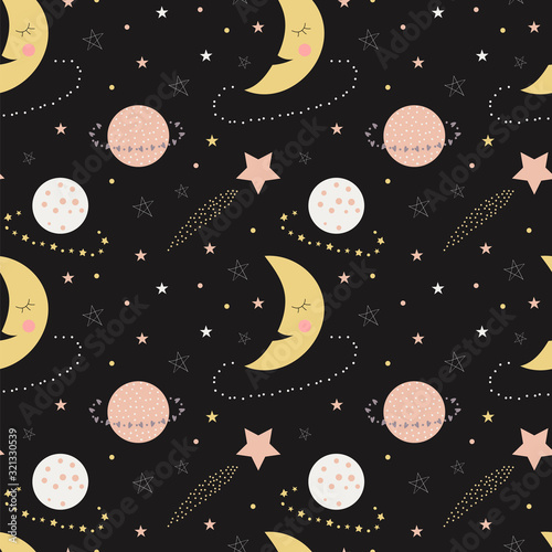 Seamless pattern of cute sleepy moons, planets, and stars on a dark grey background