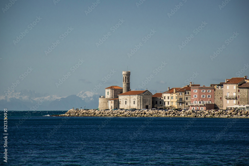 Piran old town with Slovenian Alps in the background, Slovenian coast, Slovenia