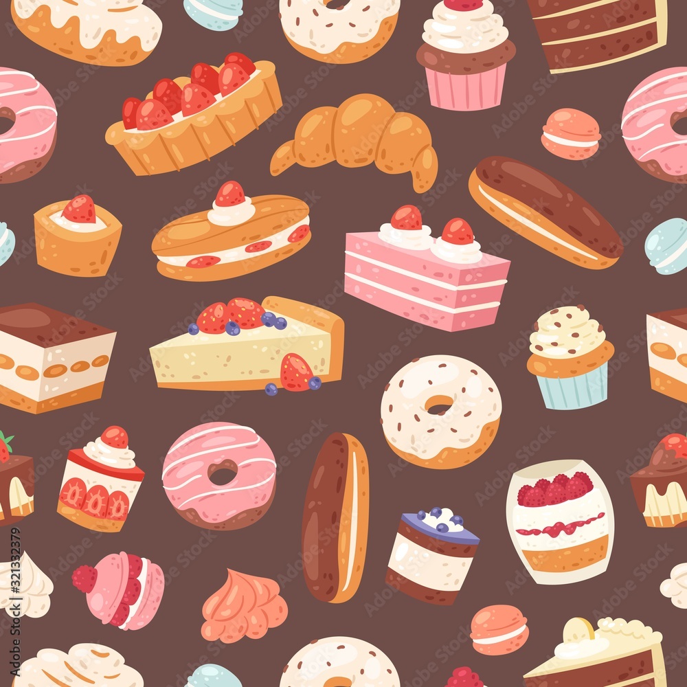 Sweet pastry seamless vector pattern. Illustration of cakes, bakery and pastry. Pastry dessert background with sweet cake, vanilla cream cupcake, caramel muffin, chocolates and donut, brown backdrop. Sweet pastry seamless vector pattern. Illustration of cakes, bakery and pastry. Pastry dessert background with sweet cake, vanilla cream cupcake, caramel muffin, chocolates and donut, brown backdrop.