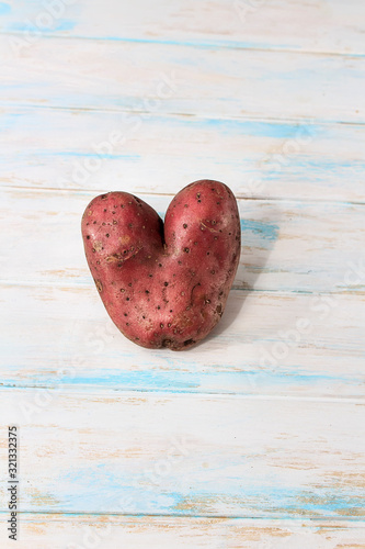 One big ugly potato like a heard on the white wooden background. Food waste concept. Copy space.