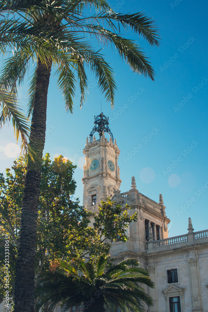 The beautiful town hall rises in Piazza Ayuntamiento de Valencia on a bright sunny day. Valencia, Spain. The trip.