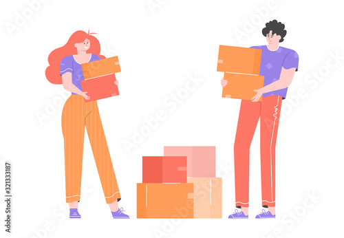 A young couple moves to a new home. A guy and a girl are standing nearby and are holding cardboard boxes. Mortgages and rental housing. Vector flat illustration with bright characters.