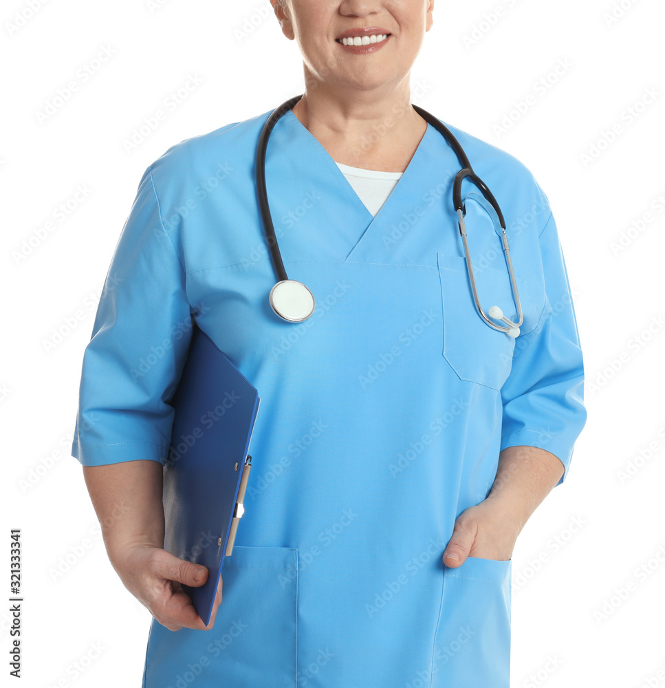 Mature doctor with clipboard and stethoscope on white background, closeup Mature doctor with clipboard and stethoscope on white background, closeup
