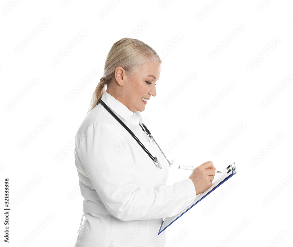 Mature doctor with clipboard on white background Mature doctor with clipboard on white background