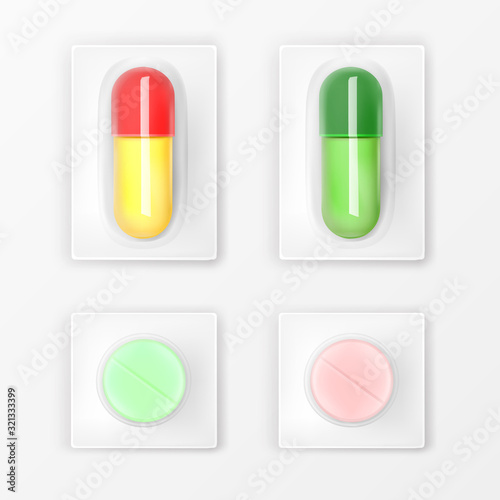 Pills blister pack set, colorful medicine tablets and capsules mock up isolated on white background. Painkiller remedy package design elements for medical advertising, Realistic 3d vector illustration