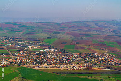 Panorama from Mount Tabor to buildings in Kibbutz Alonim at Israel photo