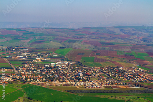 Panorama from Mount Tabor to buildings in Kibbutz Alonim at Israel