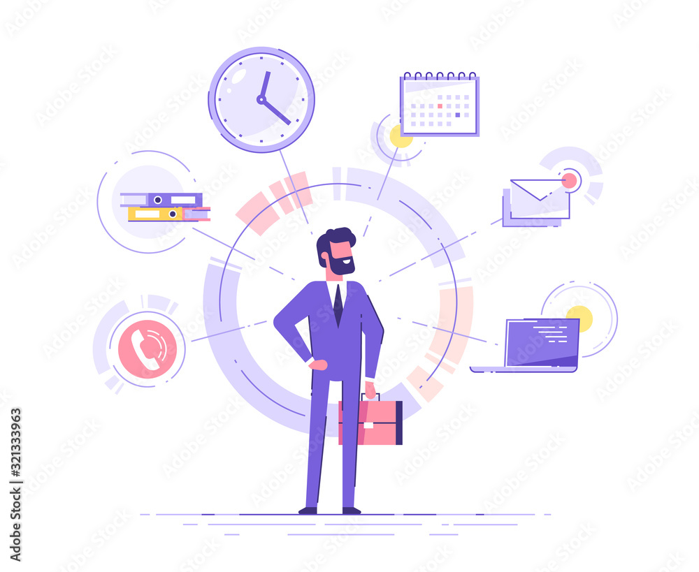 Businessman is standing and holding briefcase with office icons on the background. Multitasking and time management concept.  Effective management. Vector illustration.