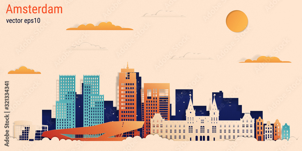 Naklejka premium Amsterdam city colorful paper cut style, vector stock illustration. Cityscape with all famous buildings. Skyline Amsterdam city composition for design.