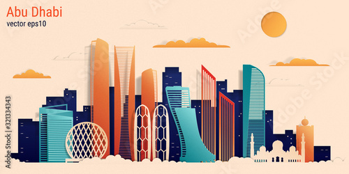 Abu Dhabi city colorful paper cut style, vector stock illustration. Cityscape with all famous buildings. Skyline Abu Dhabi city composition for design.