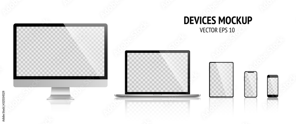 © Comauthor - Realistic devices mockup set of Monitor, laptop, tablet, smartphone dark grey color - Stock Vector.