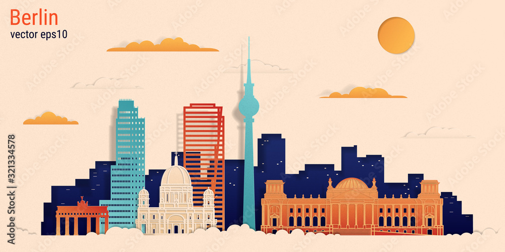 Berlin city colorful paper cut style, vector stock illustration. Cityscape with all famous buildings. Skyline Berlin city composition for design.