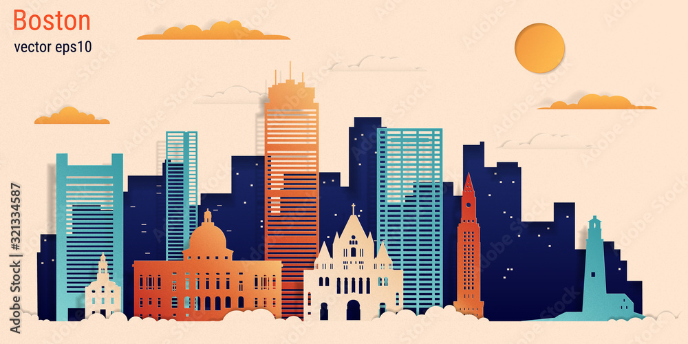 Boston city colorful paper cut style, vector stock illustration. Cityscape with all famous buildings. Skyline Boston city composition for design.